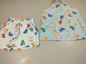 Ensemble top (taché) + short bleu motifs papillons. Petit prix car top taché