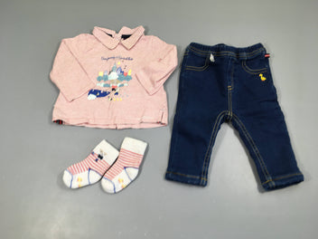 T-shirt m.l col blanc rayé rouge (légèrement bouloché) + jeans doublé polar + chaussettes