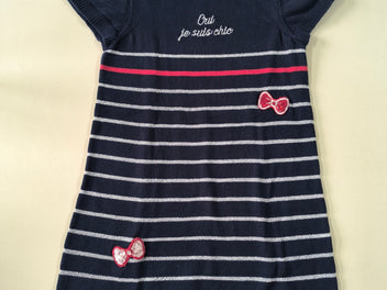 Robe m.c mailles bleu marine rayée gris pailleté/rouge noeud sequins