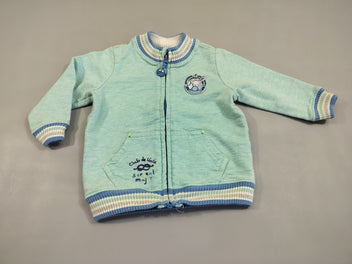 Gilet sweat zippé bleu flammé col, manches, blanc ligné