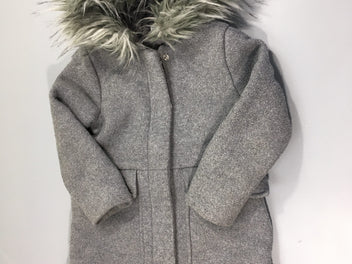 Veste grise 17% laine à capuche fausse fourrure, un peu boulochée