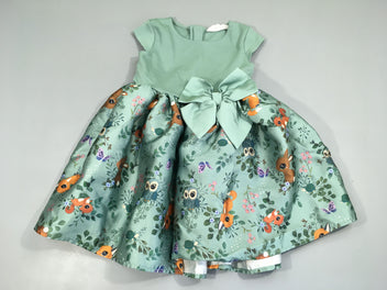 Robe m.c bi-matière jersey vert bas satiné animaux forêt feuillage noeud