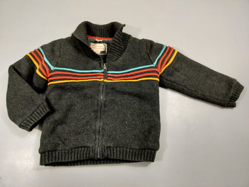 Gilet zippé anthracite , lignes de couleurs au niveau de la poitrine , doublé pilou