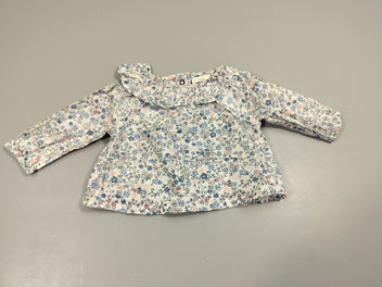 Blouse m.l blanche fleurs roses, bleues, col dentelle