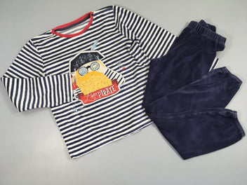 Pyjama 2pcs velours blanc rayé bleu foncé pirate, flocage abimé