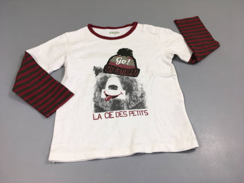 T-shirt m.l blanc , manches bordeau rayé. Ours