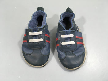 Chaussons cuir bleu,  rayues rouges -M