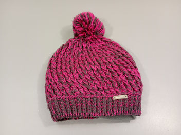 Bonnet tricot rose et mauve  avec pompon, un peu bouloché