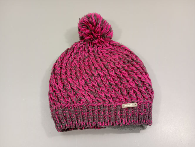 Bonnet tricot rose et mauve  avec pompon, un peu bouloché, moins cher chez Petit Kiwi
