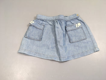 Jupe courte jean bleu clair, poches appliquées avec fleurs , taille élastique