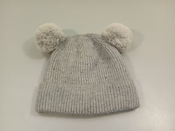 Bonnet gris avec strass, 2 pompons