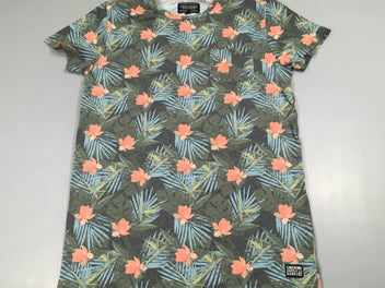 T-shirt m.c gris feuillage bleu-rouge pâle légèrement bouloché