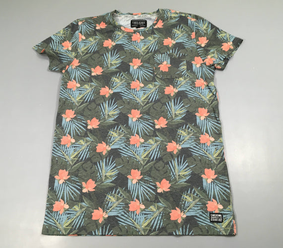 T-shirt m.c gris feuillage bleu-rouge pâle légèrement bouloché, moins cher chez Petit Kiwi