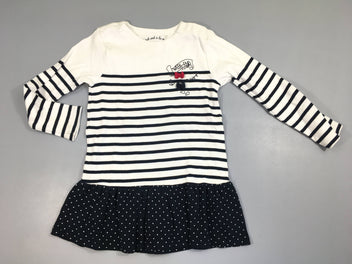 Robe m.l jersey écru rayé bleu foncé, bas bleu pois noeuds