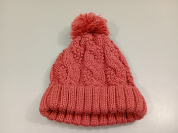 Bonnet tricot rose avec pompon 8-10a, un peu bouloché