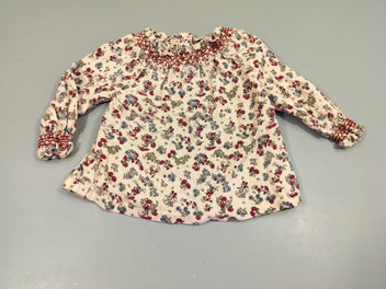 Blouse ml rose très pâle , fil argenté. Motifs fleurs bordeaux. 99% coton 1% fibre métallique