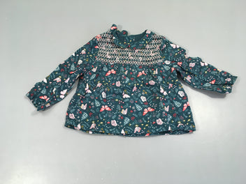 Blouse m.l vert foncé s.mockée motifs fleurs papillons col