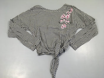 Blouse m.l carreaux noir/blanc broderies fleurs, noeud sur le devant