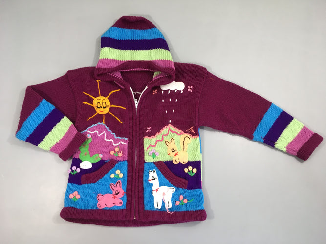 Gilet zippé à capuche mauve lama,  laine de Lama, moins cher chez Petit Kiwi