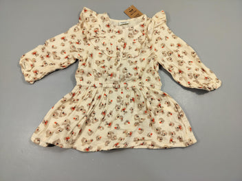 NEUVE Robe m.l écru à fleurs , col volant 100% coton