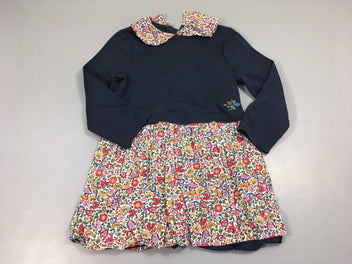 Robe m.l bi-matière bleu foncé col manches et bas fleuri