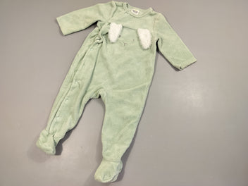 Pyjama velours vert clair texturé, tête de lapin, oreille blanches toutes douces 75% coton 25% polyester