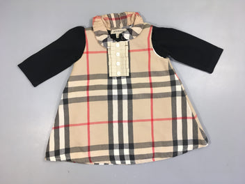 Etat neuf-Robe s.m flanelle beige à carreaux gris-rouge avec T-shirt m.l intégré noir