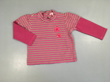 T-shirt m.l col montant rayé rose-vert-jaune fleurs