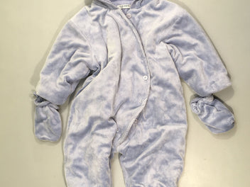 Combi peluche bleu ouatinée, moufles et chaussons amovibles