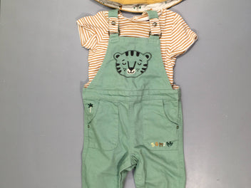 Salopette toile vert + T-shirt m.c rayé (bouloché) +chapeau beige