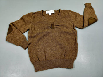Pull brun chiné, col v 80% laine merino, 10% nylon 10% cachemire. Un peu bouloché. Pas de taille indiquée, estimée 4a