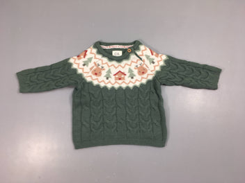 Pull vert torsades motifs Noël, légèrement bouloché
