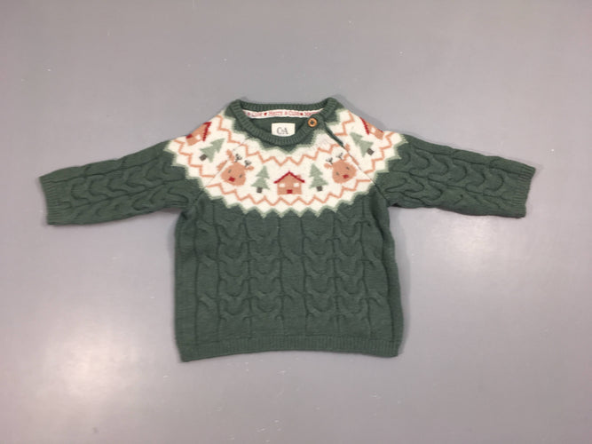 Pull vert torsades motifs Noël, légèrement bouloché, moins cher chez Petit Kiwi