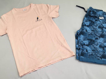 Pyjashort 2pcs jersey rose toucan + Short bleu motif feuillage