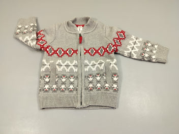 Gilet zippé gris clair chiné motifs rouges et blancs 100% coton