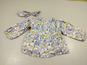 Blouse m.l à fleurs bleu, blanc, bleu, jaune, mauve,... avec bandeau assorti 100% coton