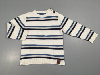 Pull blanc rayé bleu/gris, légèrement bouloché