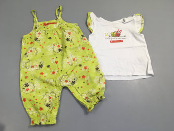 Combinaison fines bretelles anis fleurs + T-shirt m.c (offert car taché)