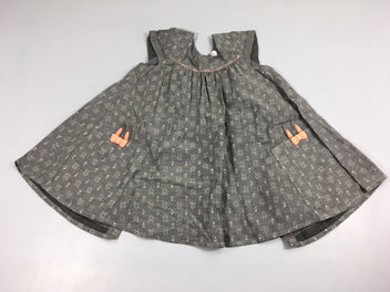 Robe m.c gris chiné, têtes de lapins et carottes blanches , noeuds roses. Doublée