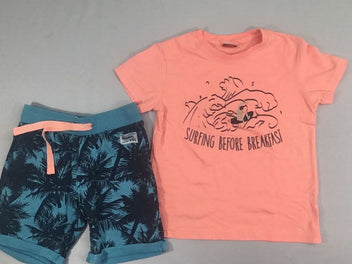 T-shirt m.c orange flammé surf + short à revers bleu palmiers