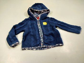Gilet zippé à capuche tricot bleu marine , tête de chat doré 100% coton