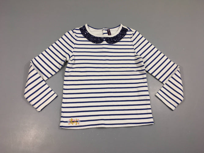 T-shirt m.l blanc rayé bleu col sequins bouloché, moins cher chez Petit Kiwi