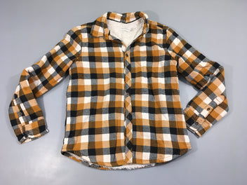 Surchemise doublé velours flanelle à carreaux orange/blanc/noir, légèrement bouloché