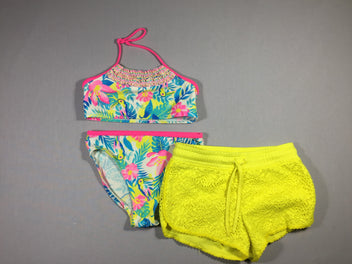 Ensemble 3 pièces - bikini feuillage et toucan et short jaune