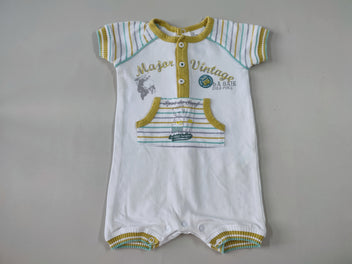 Combishort jersey blanche manches et poche rayée jaune/verte/grise