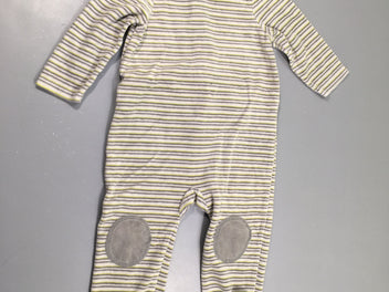 Pyjama velours blanc rayé gris/anis, pieds anti-dérapants