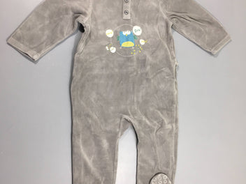 Pyjama velours gris hibou, pieds anti-dérapants