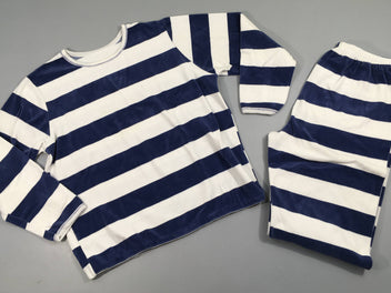 Pyjama 2pcs velours blanc rayé bleu