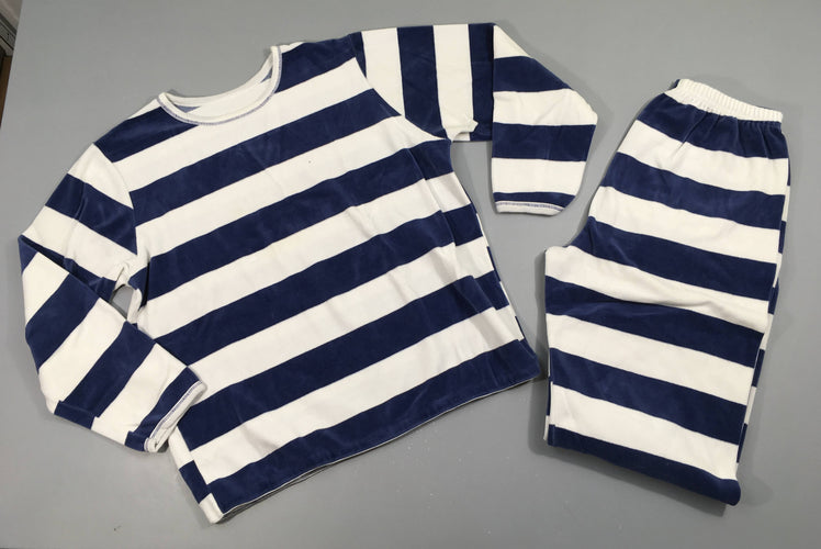 Pyjama 2pcs velours blanc rayé bleu, moins cher chez Petit Kiwi