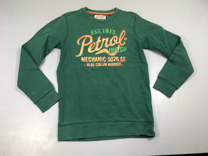 Sweat vert Petrol, flocage un peu craquelé, moins cher chez Petit Kiwi